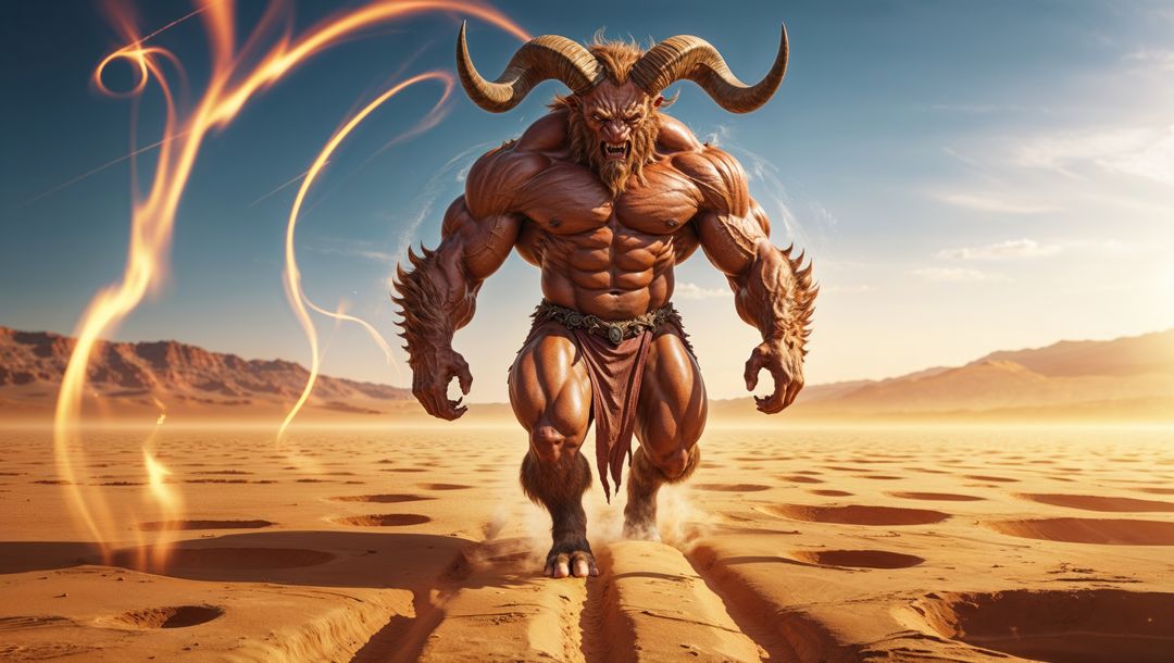 Epic demonic mythological beast striding desert with fiery swirls