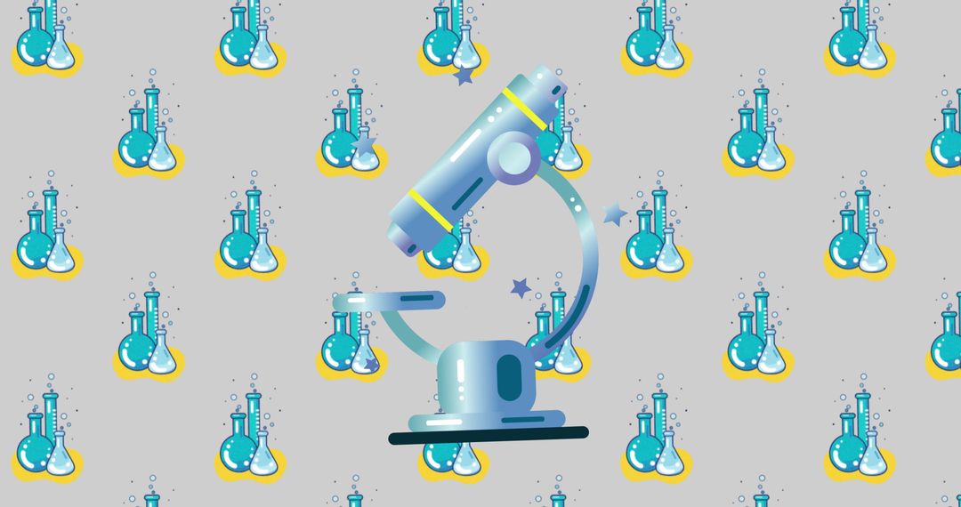 Microscope Icon Over Beaker Pattern on Grey Background