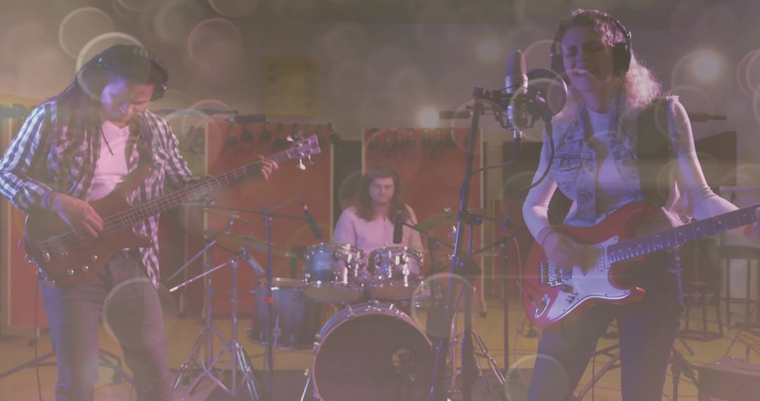 Energetic Band Rehearsal in Recording Studio with Live Instruments