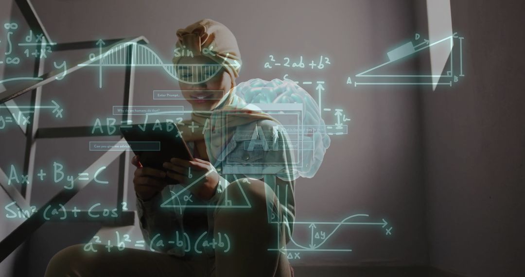 Hijab-Clad Woman Engaging in Digital Technology with AI Overlay