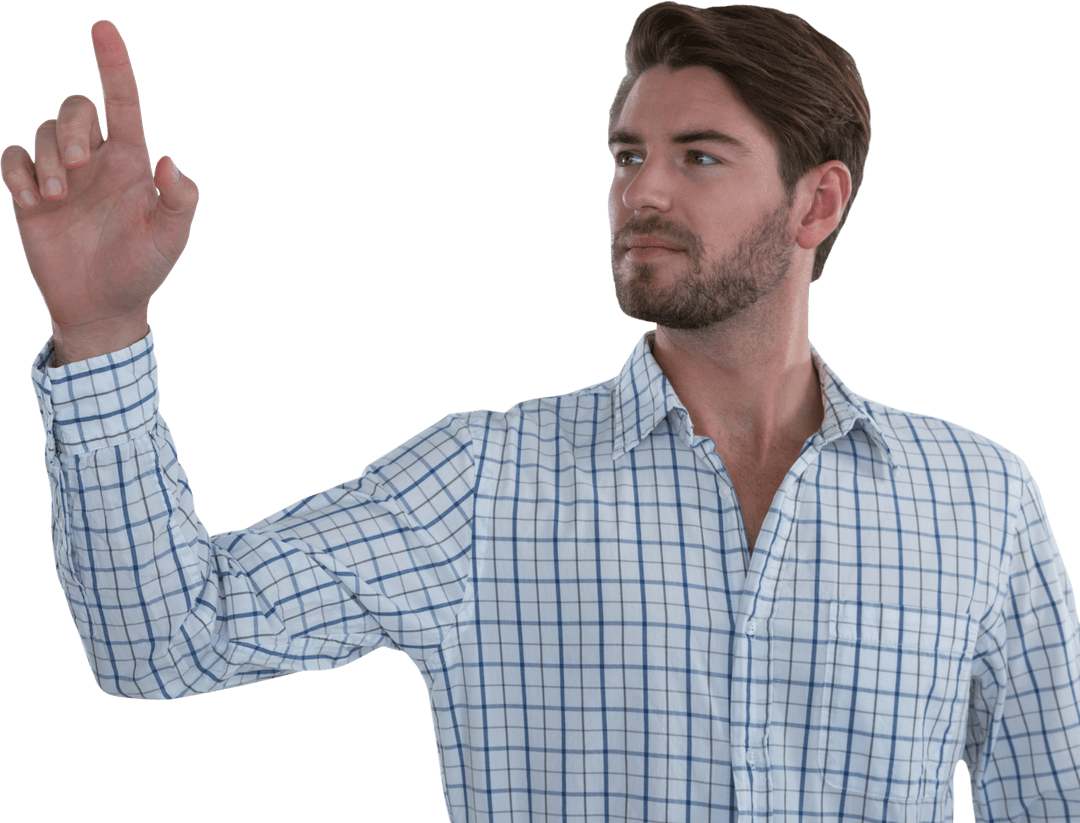 Man interacting with transparent interface in checkered shirt