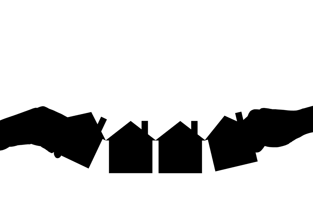 Transparent Hands Arranging Colorful Houses in Order