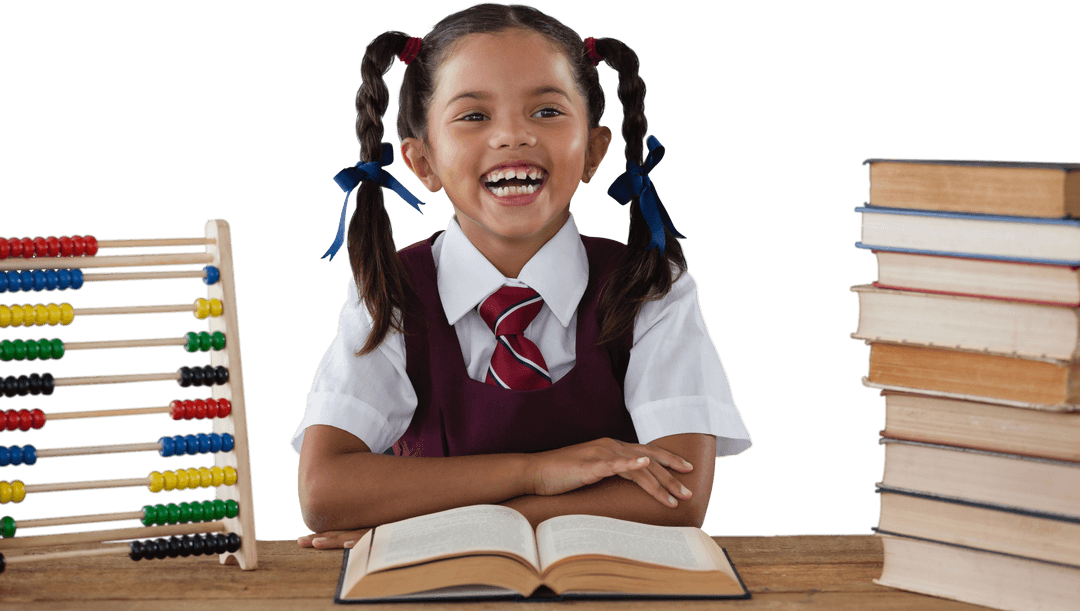 Cheerful Schoolgirl Transparent Background Reading Book Study Concept