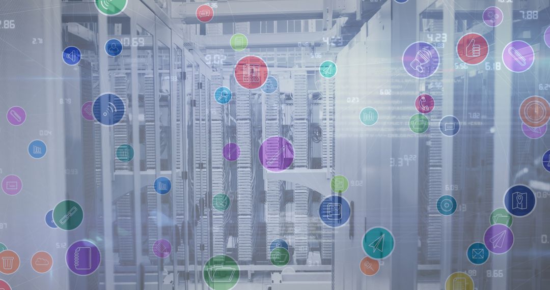 Digital Interface Overlaying Modern Data Server Room