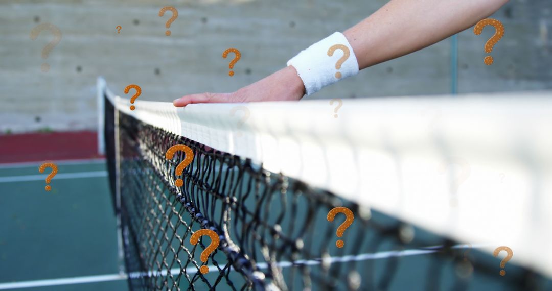 Tennis Player's Hand with Question Marks on Net