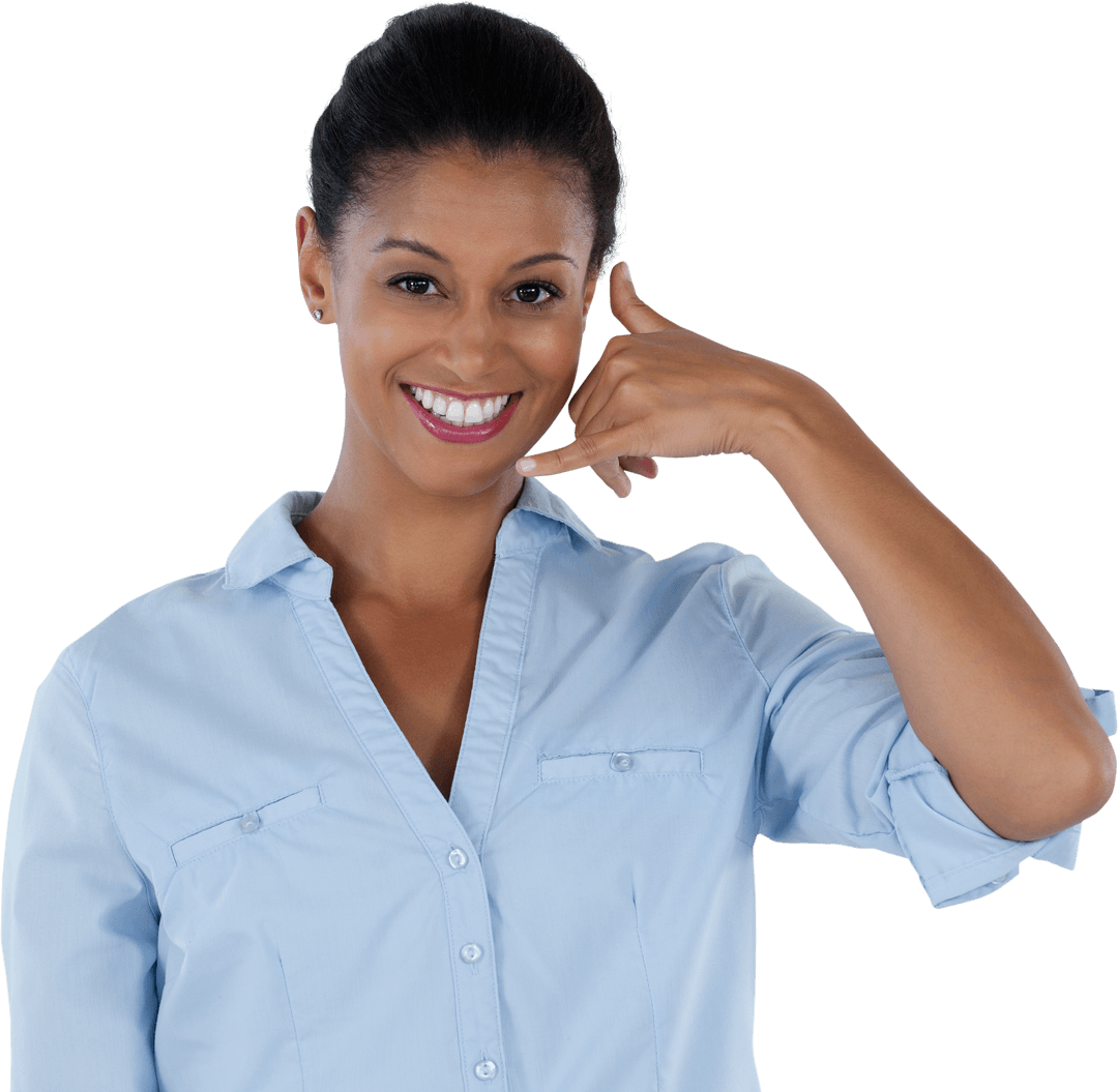 Smiling Businesswoman Making Phone Gesture on Transparent Background