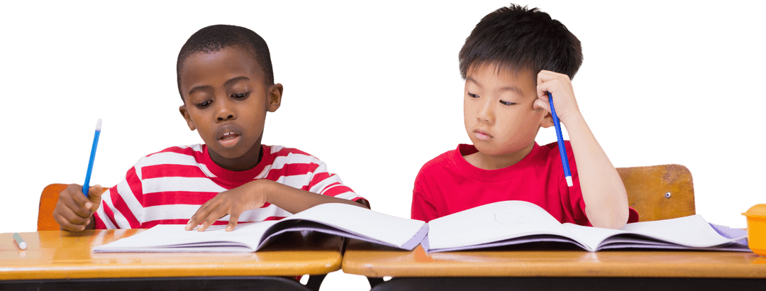 Students Collaborating at Desks in Classroom Setting, Transparent Background