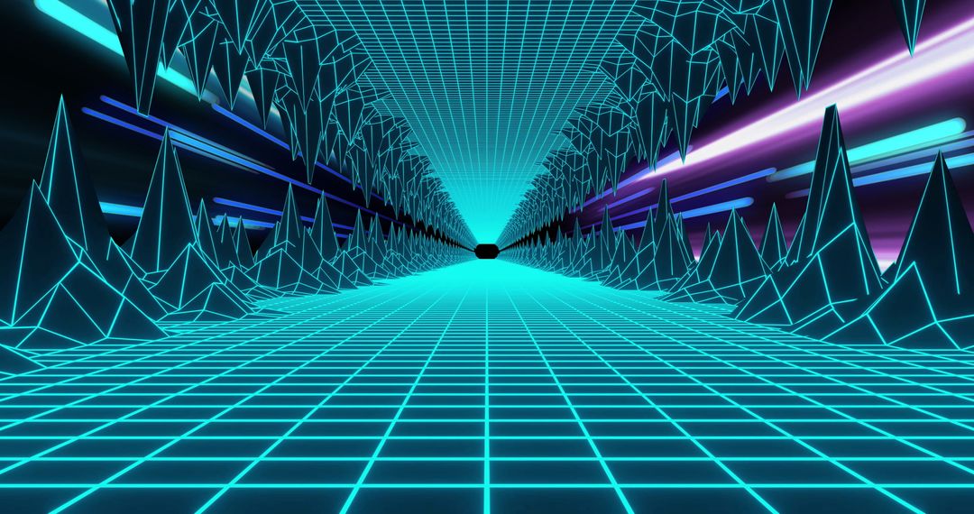 Futuristic Neon Grid Digital Tunnel in Virtual Reality