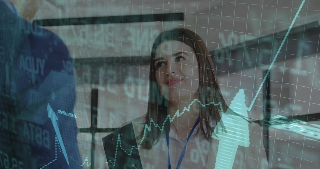 Professional Colleagues Discussing Financial Analytics with Digital Charts Overlay
