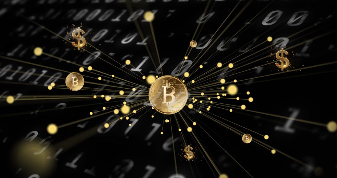 Digital Bitcoin and Dollar Symbols on Binary Background