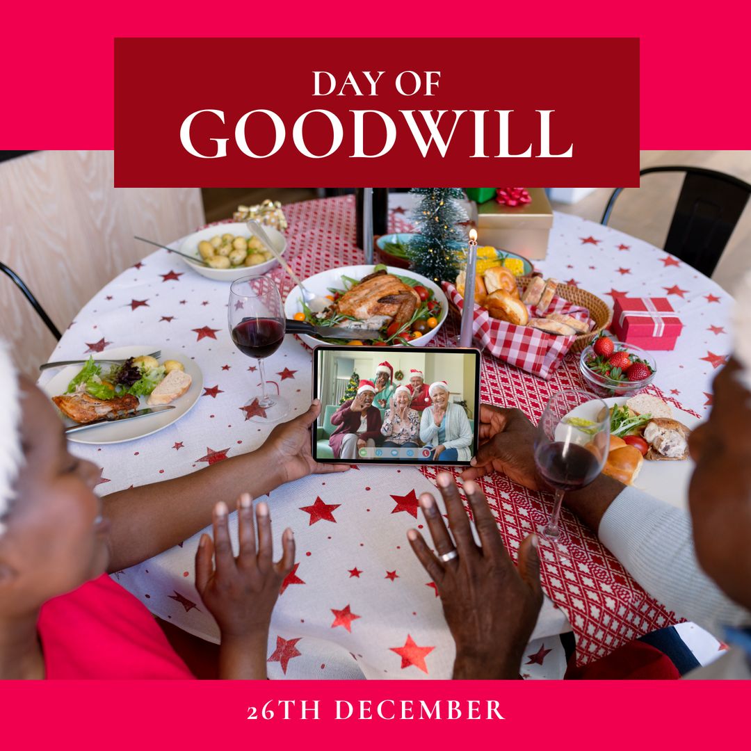 Family Video Call on Day of Goodwill Festive Dinner Table