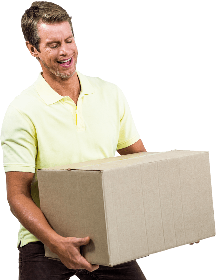 Smiling Man Holding Large Cardboard Package with Transparent Background