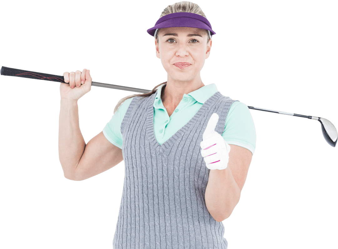 Smiling Female Golfer Giving Thumbs Up with Club on Shoulder Transparent