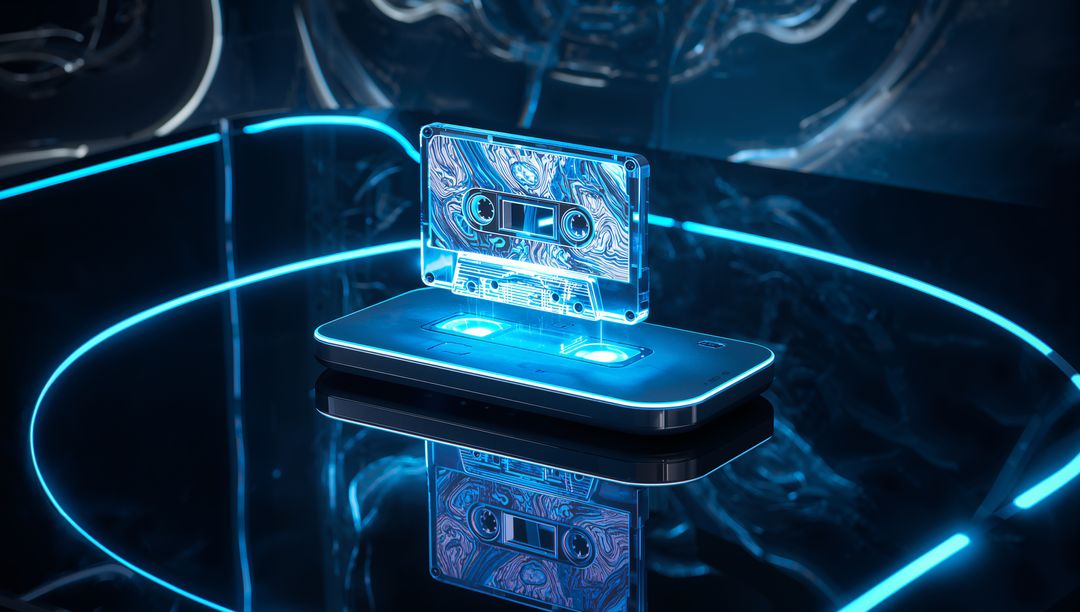 Futuristic Transparent Cassette and Dock with Neon Light Accents