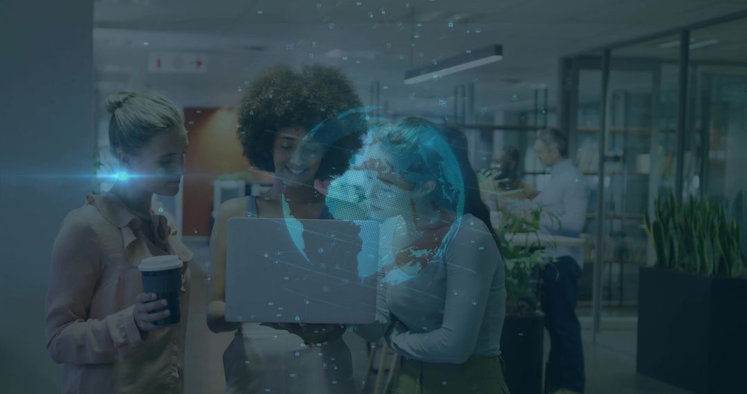 Women Collaborating with 3D Globe Projection in Modern Office Lounge