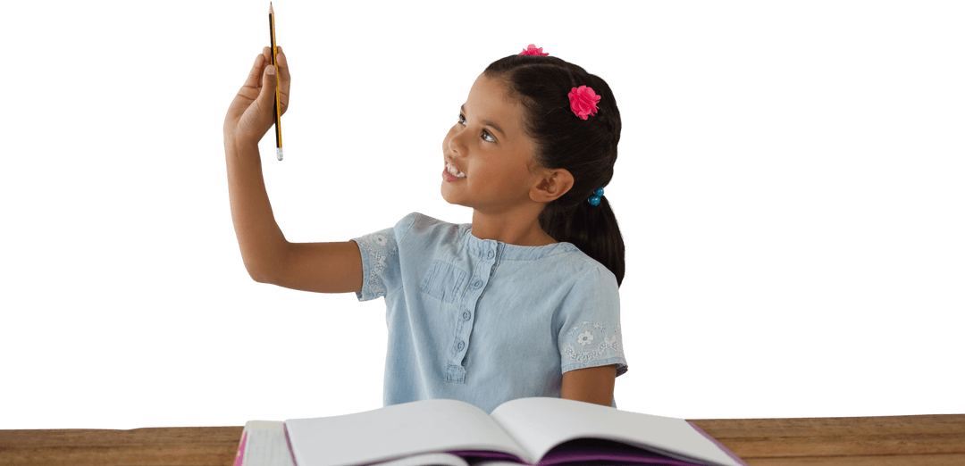 Curious Child Holding Pencil with Open Book Transparent Background