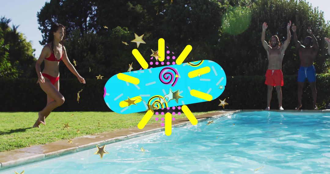 Woman running and jumping into backyard pool while friends cheering and confetti bursting