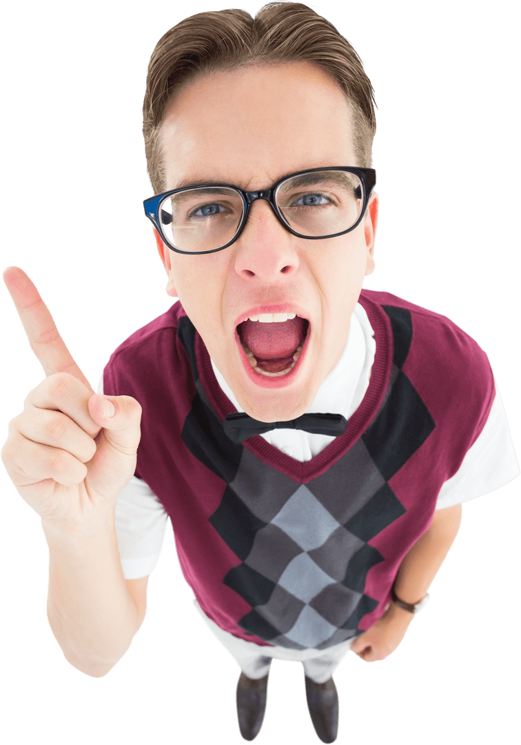 Retro Styled Man with Glasses Waving Finger in Transparent Background