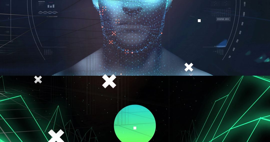 Futuristic Digital Human Head with Glowing Dots and Geometric Shapes
