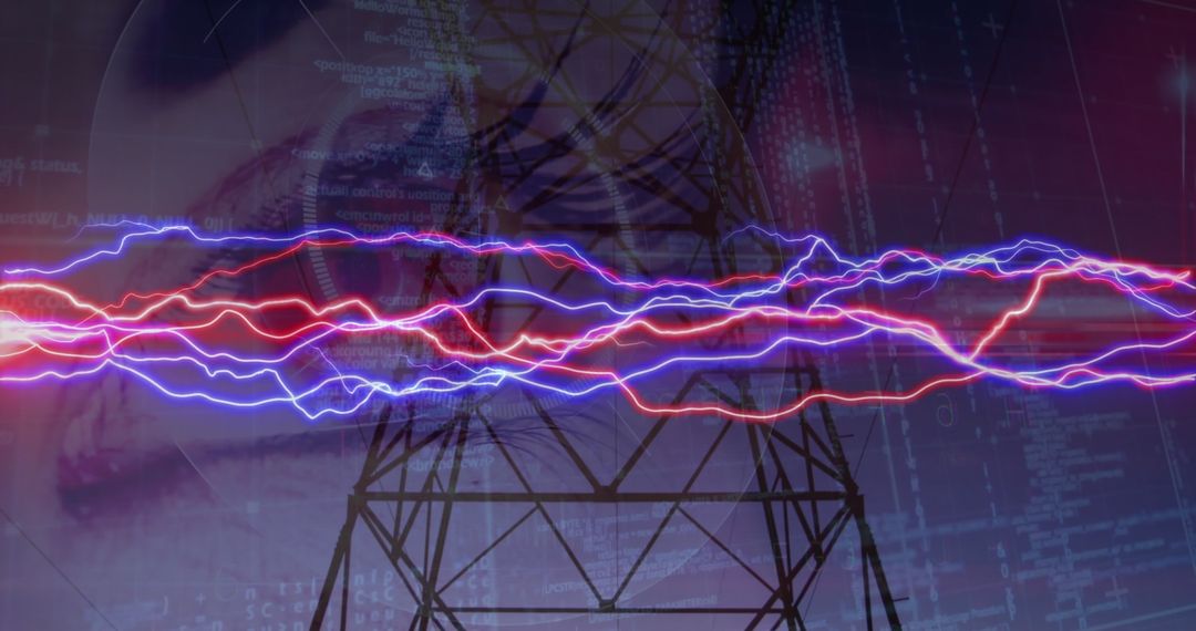 Electricity Waves Merged with Eye Over Power Structures at Sunset