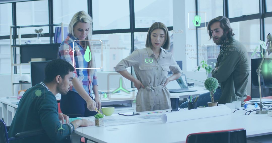 Diverse Team Analyzing Ecological Data in Modern Office