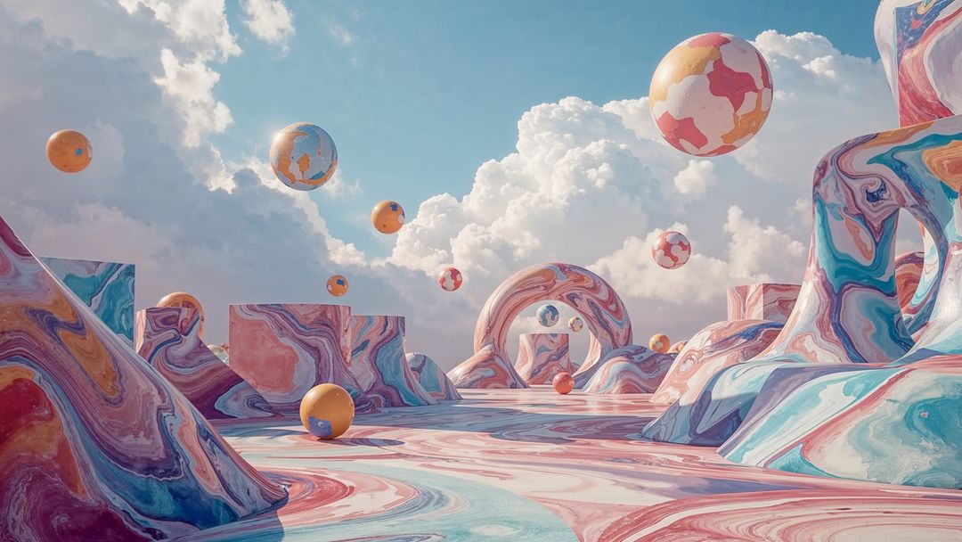 Surreal Pastel Dreamscape with Floating Spheres and Marble Forms