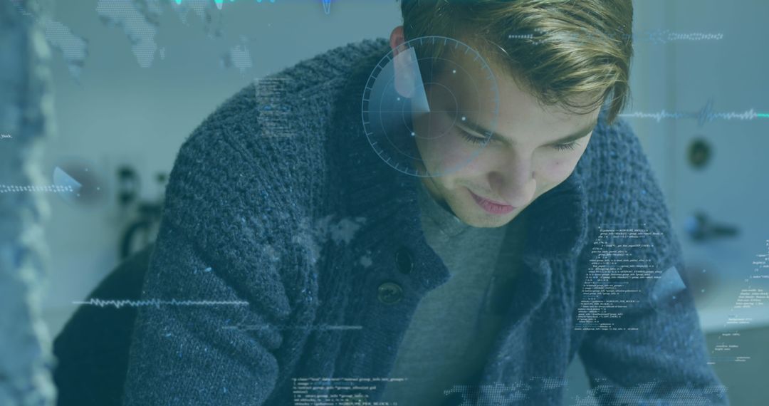 Man Using Smartphone with Digital Data Overlays