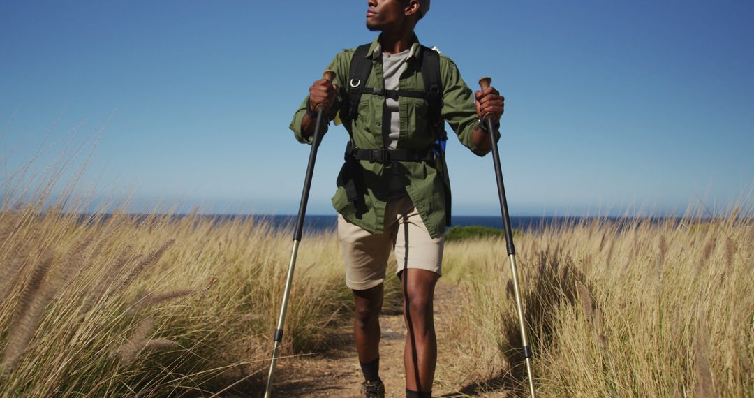 African american man hiking with hiking poles in countryside by the coast - Free Images, Stock Photos and Pictures on Pikwizard.com
