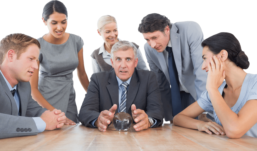 Smiling Diverse Business Team Discussing Strategy on Transparent Background
