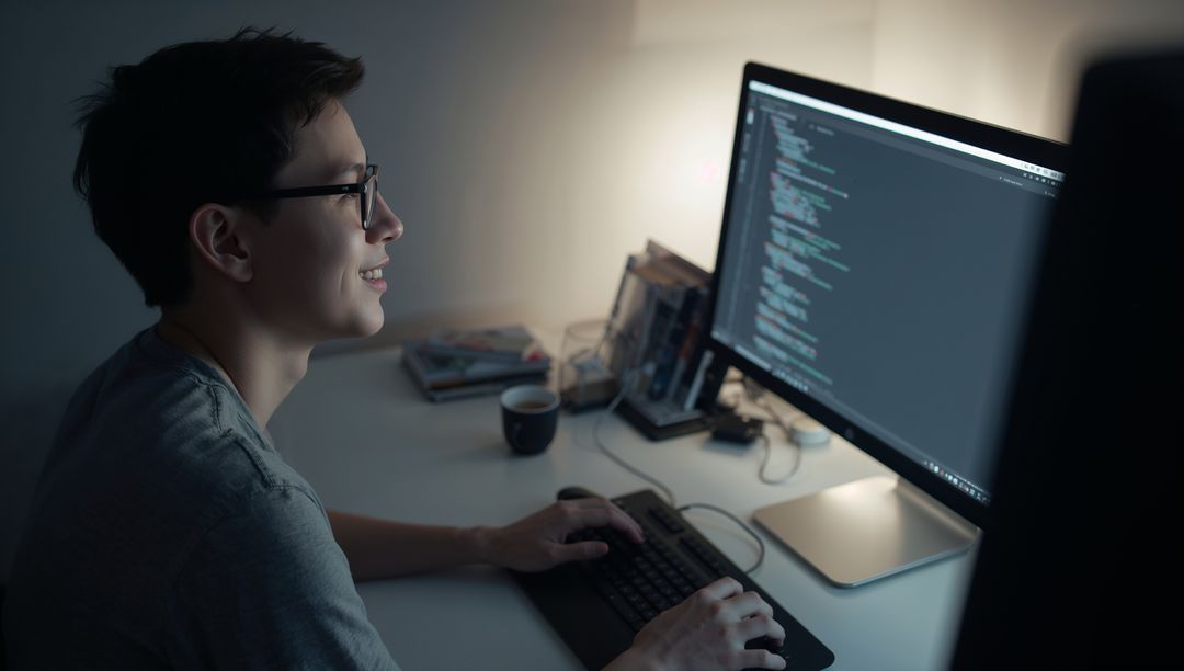 Software Developer Focused Coding in Home Office Evening Ambience