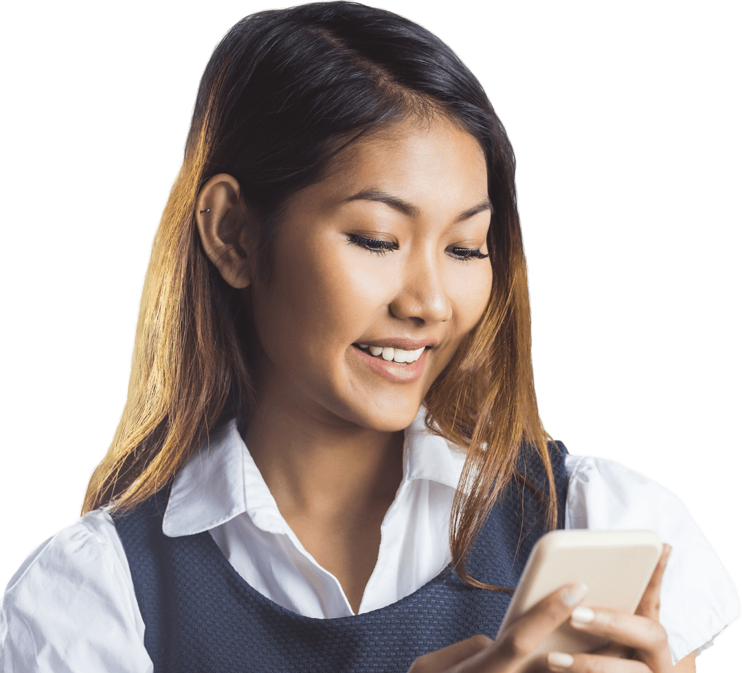 Smiling Businesswoman Using Smartphone with Transparent Background