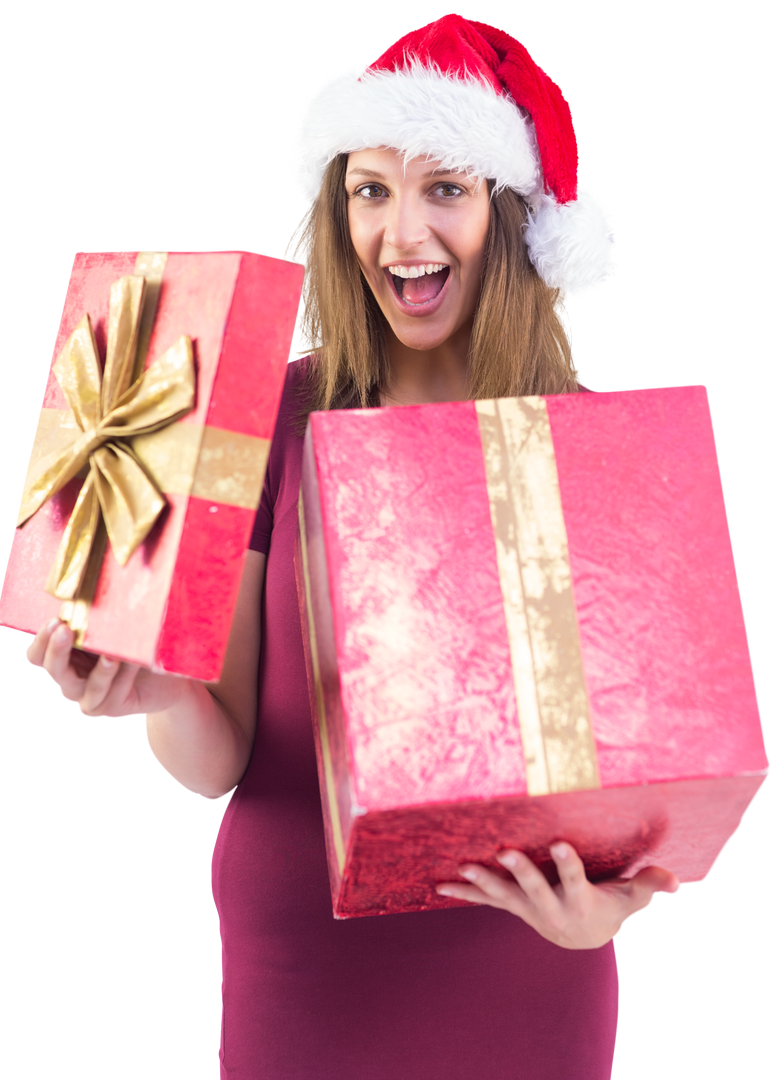 Cheerful Woman in Santa Hat Opening Large Transparent Christmas Gift - Download Free Stock Images Pikwizard.com