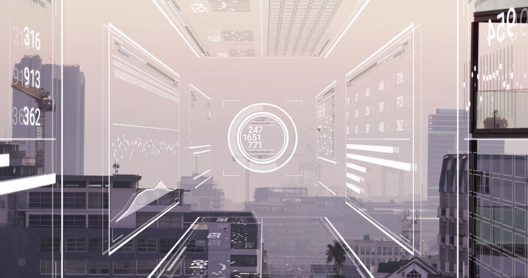 Futuristic Cityscape with Digital Data Overlays