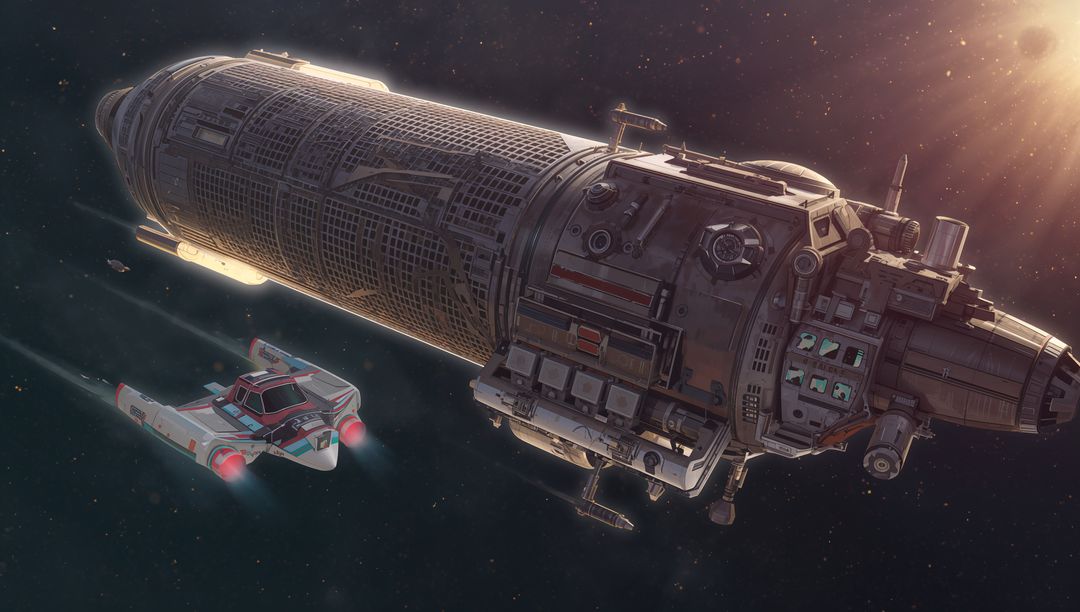 Massive Cylindrical Space Freighter Orbiting Star with Escort Shuttle Trailing Thrusters