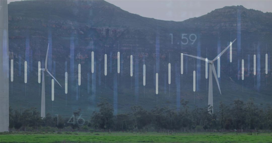 Wind Turbines Generating Clean Energy with Financial Data Overlay and Candlestick Analytics