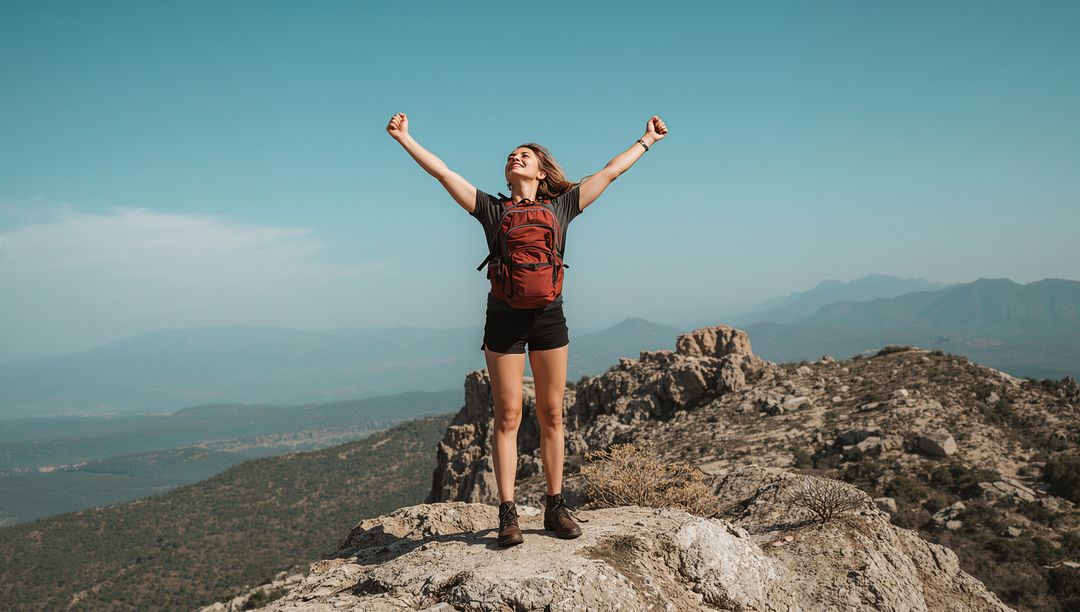 Triumphant hiker celebrating summit victory on rugged mountain peak with red backpack