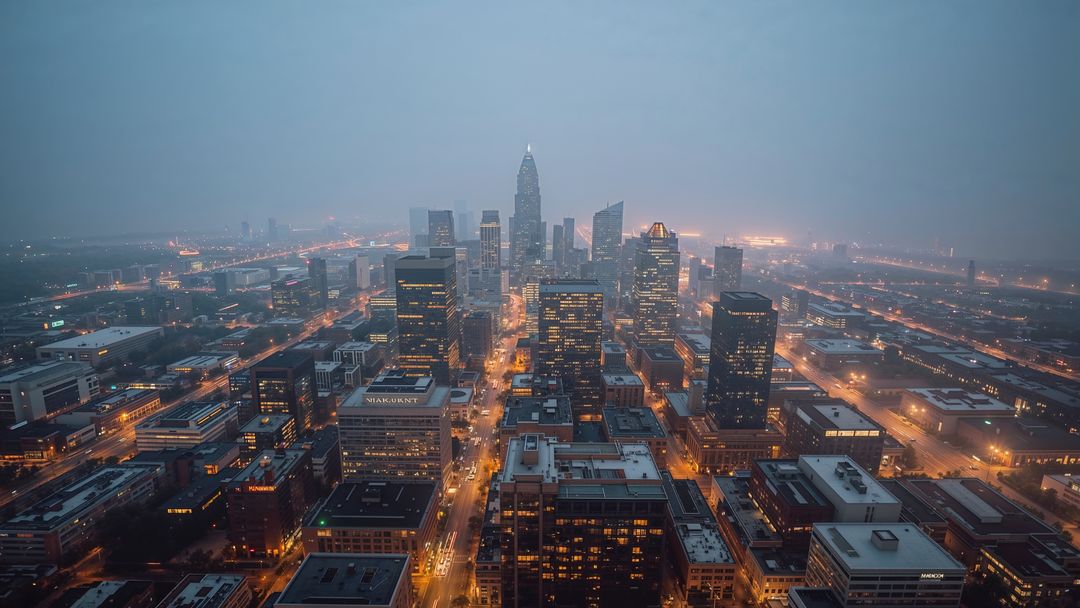 Twilight charlotte urban metropolis aerial view with illuminated skyscrapers