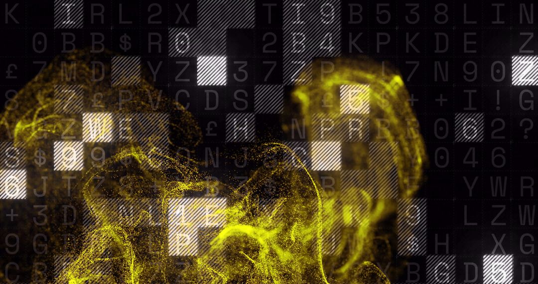 Yellow Particle Waves Over Alphanumeric Digital Code Background