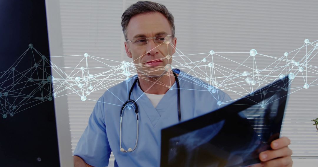 Caucasian Doctor Analyzing X-ray with Digital Network Overlay