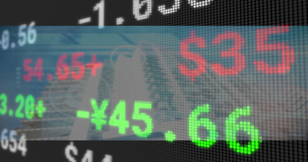 Digital Stock Market Ticker Display on Urban Skyscraper Backdrop