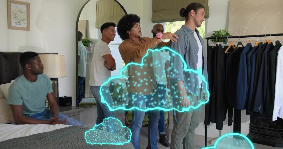 Men getting fitted with jackets in bedroom showroom using augmented reality cloud overlays