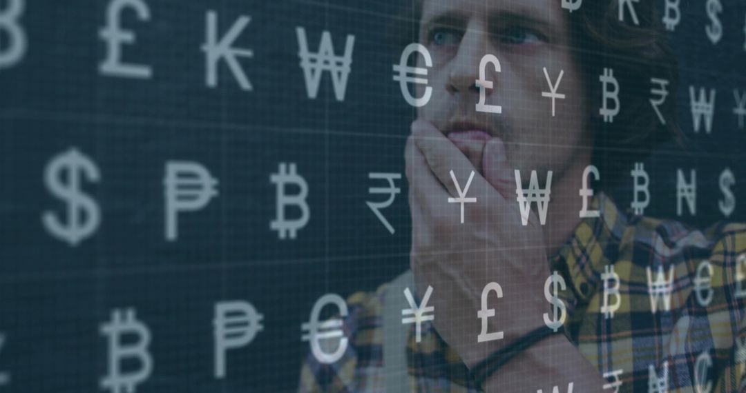 Businessman Analyzing Global Currency Symbols on Digital Screen