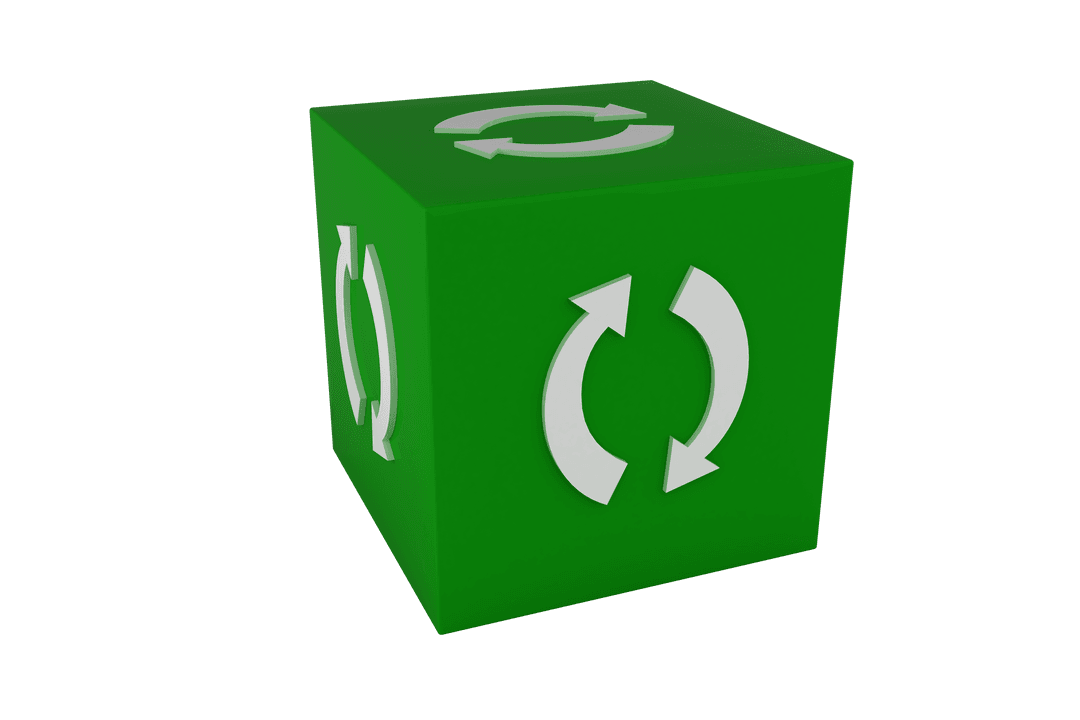 Green Cube with White Circular Arrows and Transparent Background