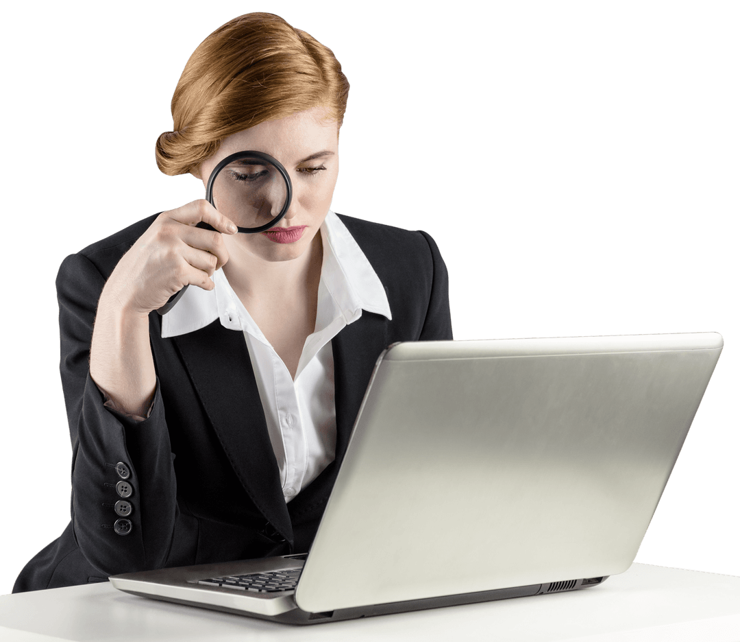 Transparent Redhead Businesswoman Examining Laptop with Magnifying Glass