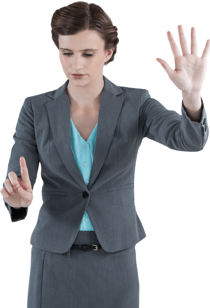 Businesswoman Navigating Transparent Virtual Touch Screen