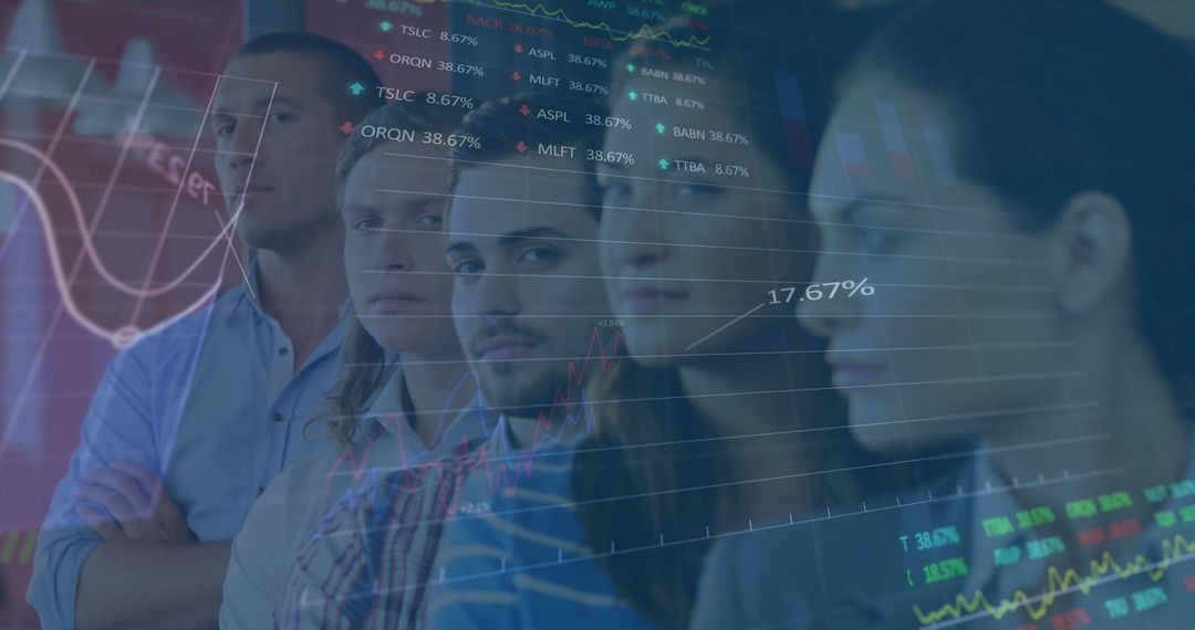 Diverse Business Team with Overlay of Financial Data in Blue Tone