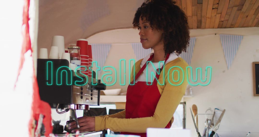 Barista Making Coffee with Neon Text Overlay and Modern Twist