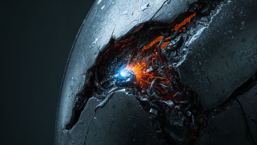 Fractured Metal Orb Revealing Glowing Blue Core and Molten Sparks Amid Tangled Cables