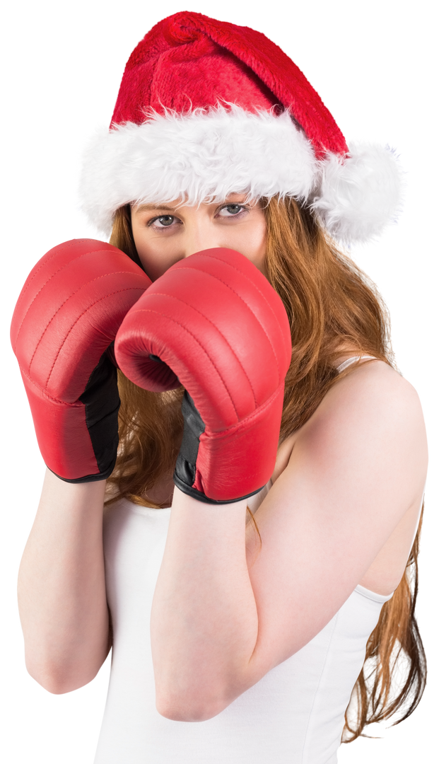 Transparent festive redhead wearing Santa hat and boxing gloves - Download Free Stock Images Pikwizard.com