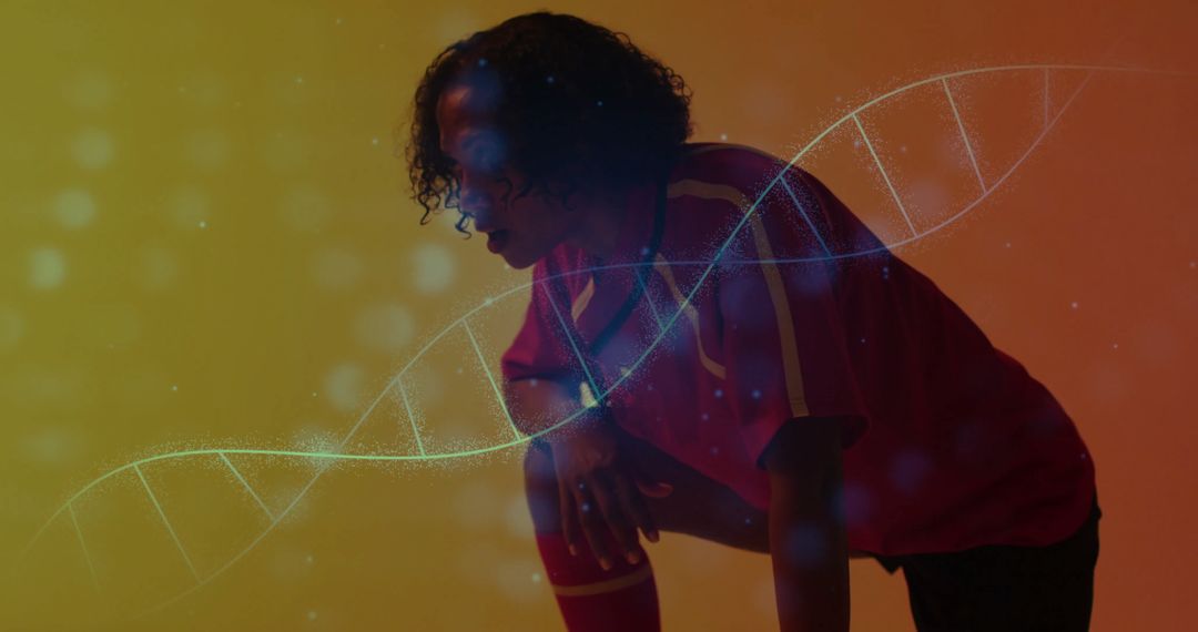Athlete in Red Uniform Overlaid with Glowing DNA Helix Symbolizing Innovation
